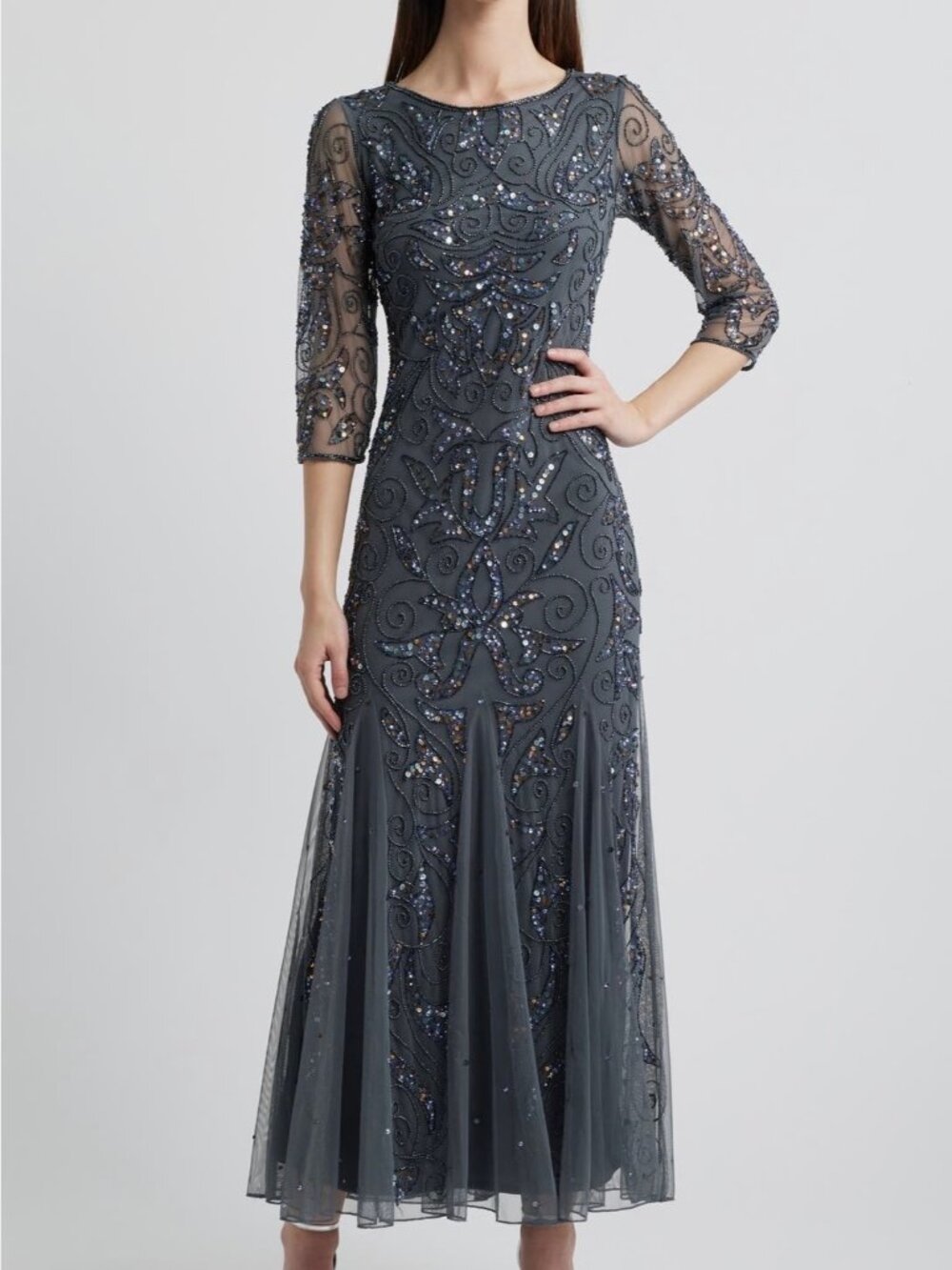 NWT Pisarro Nights Illusion Sleeve Beaded Gown